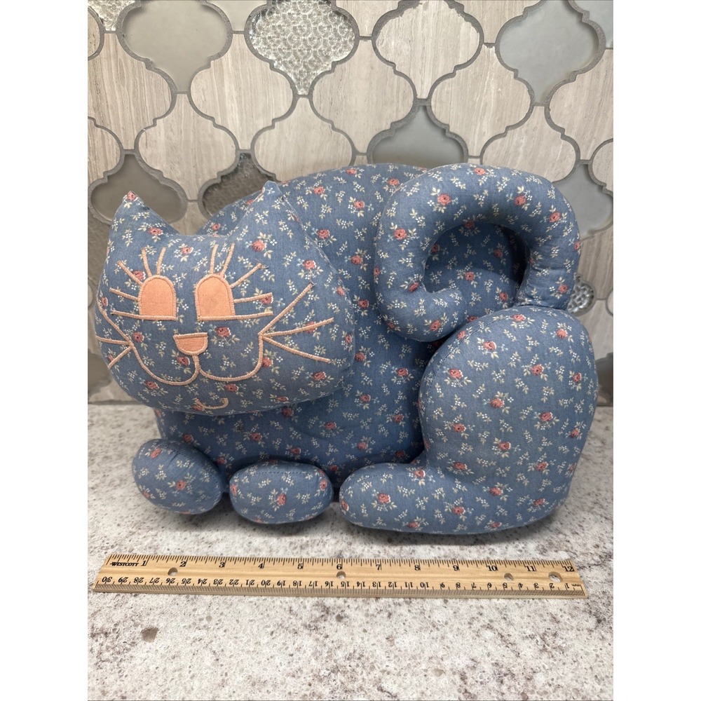 Vintage Country Cat Fabric w/ Flowers Door Stopper‎ Dusty Blue Cottage Core